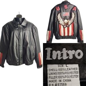 Vintage Intro Mens Bomber Leather Jacket USA Flag Bald Eagle Biker Patchwork L